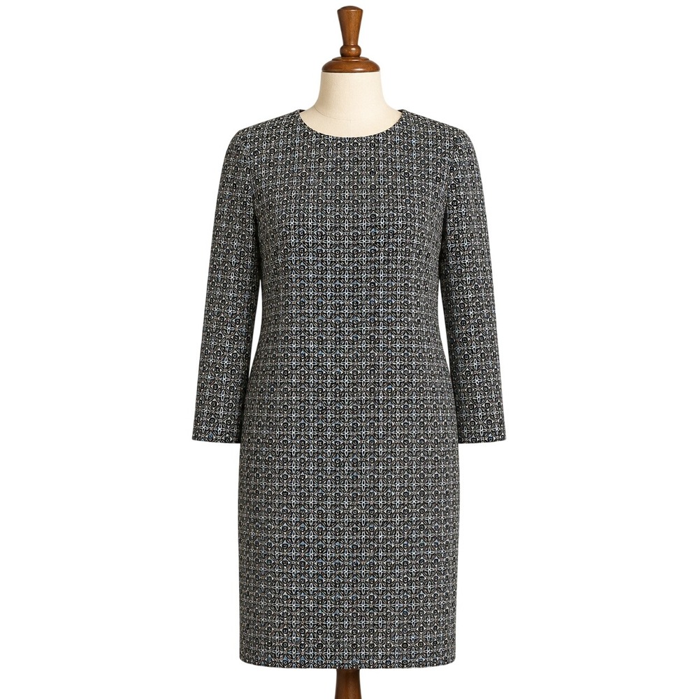 J McLaughlin Sophia Dress L Catalina Cloth Blue Tan Geometric 3/4 Sleeve